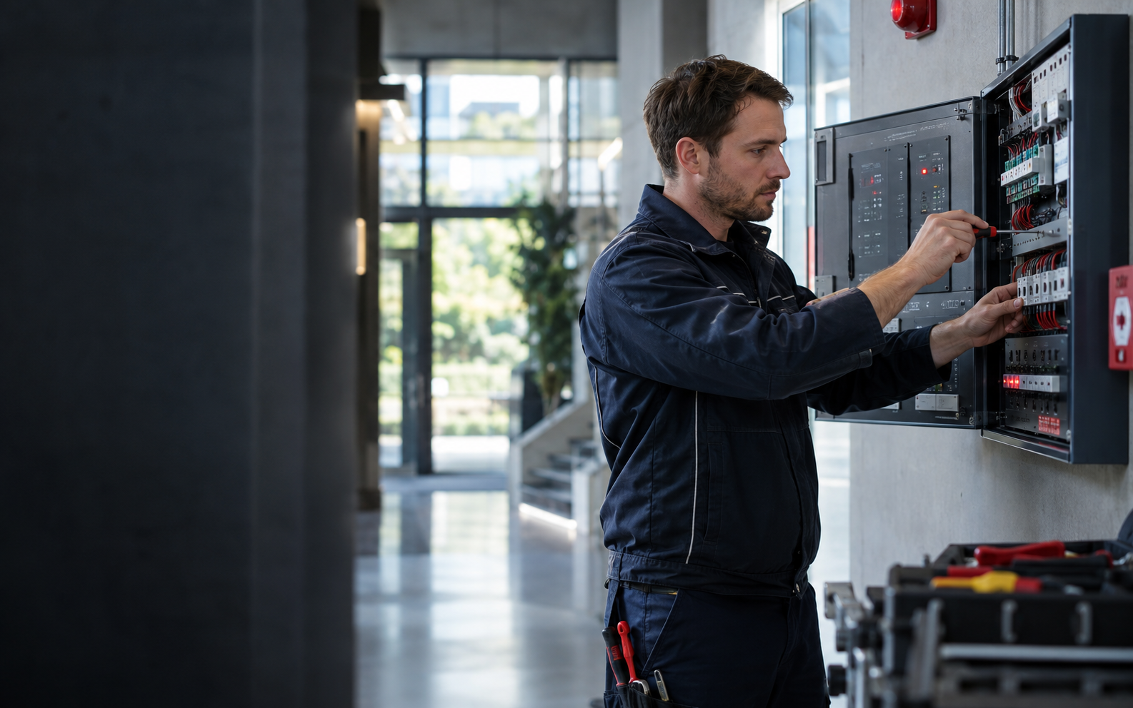 Techniker arbeitet an einer Brandmeldeanlage